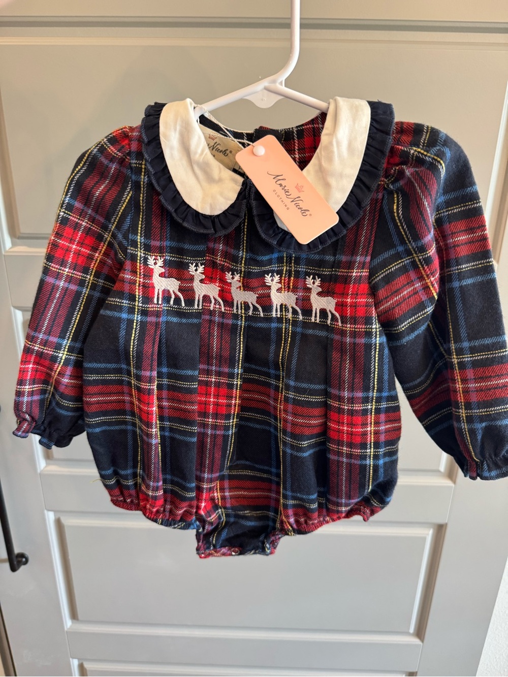NWT Baby Plaid Reindeer Romper Bubble with Peter Pan Collar